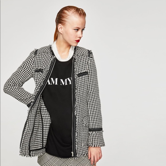 zara black and white tweed jacket